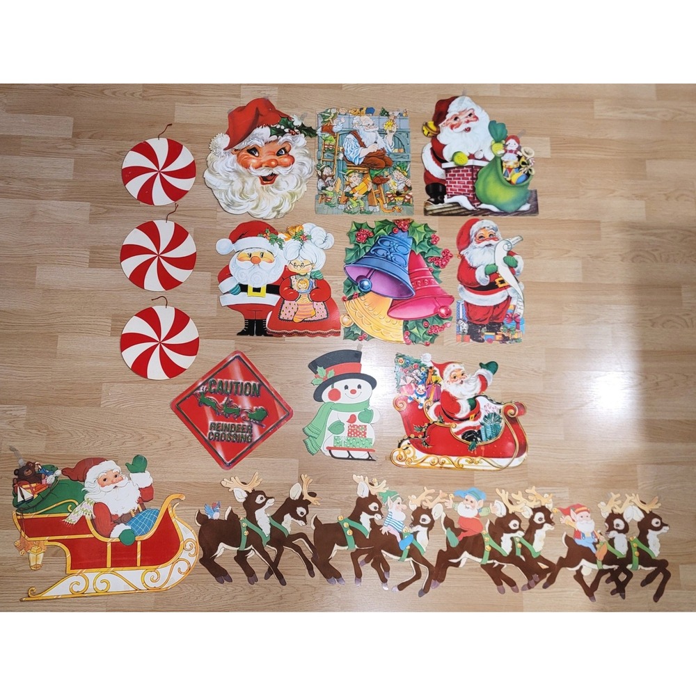 Vintage Christmas Cardboard Cutout/Dies Lot Flocked Santa Reindeer Snowman Decor